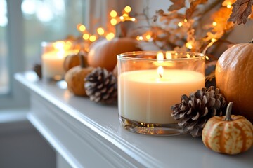 A cozy autumn scene featuring candles, pumpkins, and pine cones on a mantle, enhanced by warm lights for a seasonal atmosphere