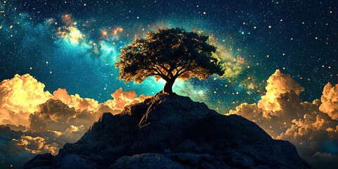 Wall Mural - A tree is on top of a rock in the sky