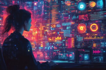 A woman in silhouette sits in front of a large screen displaying a vast amount of digital data and information.