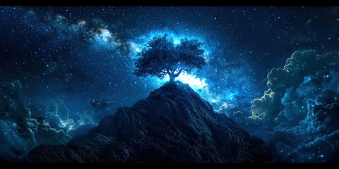 Wall Mural - A tree is on top of a mountain in the night sky