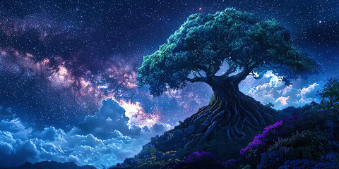 Wall Mural - A tree is growing on a hillside in the night sky