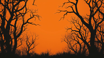 Creepy Forest Silhouette: A dark orange background with flat black tree silhouettes rising from the bottom