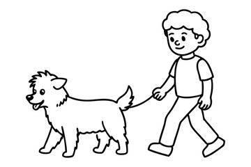 Wall Mural - A boy walks with a cheerful dog, coloring book A child with a pet. Fluffy animals in cartoon style. Vector illustration