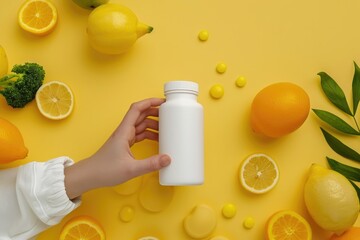 Healthy eating concept. Women take supplements on a white bottle. Omega 3, multivitamins, vitamins B, C, D, collagen tablets, probiotics, iron capsule