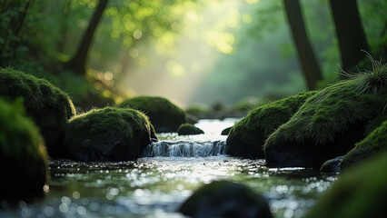 stream of water flows through a forest with moss growing on the rocks