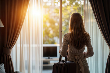 Businesswoman standing with suitcase looking at view from hotel room window