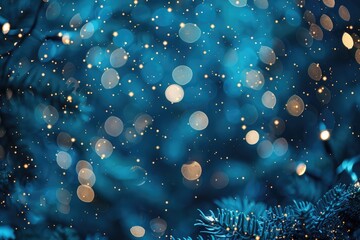 Magic blue holiday abstract glitter background with blinking stars. Blurred bokeh of Christmas lights