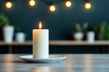 Aufkleber - Burning candle illuminating empty table in a moody room