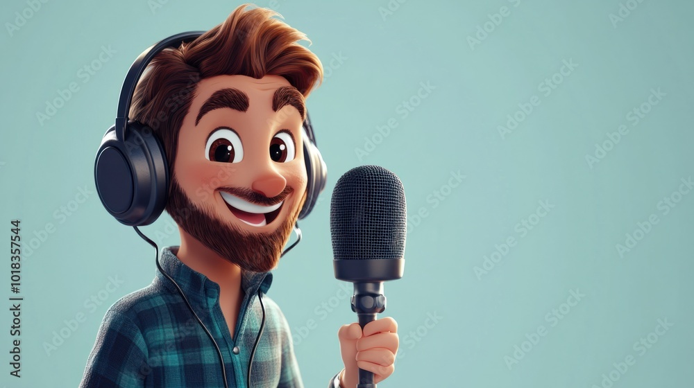 Adorable voice actor cartoon talking into a microphone, wearing ...