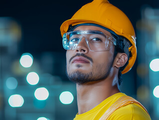 Night shift engineer oil and gas refinery service, male worker hard work in petroleum industry plant dark background