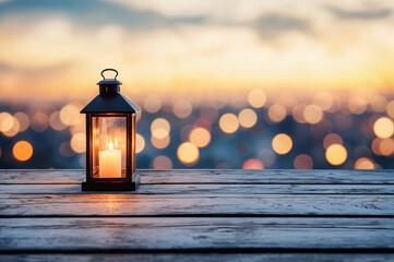 Poster - Lantern illuminating empty wooden table at sunset with city lights