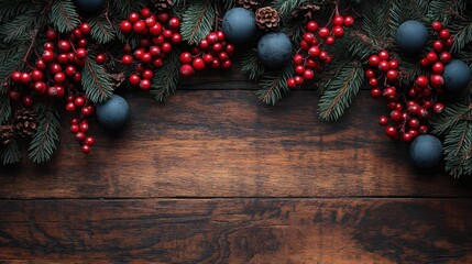 Rustic Wooden Background with Evergreen Branches and Festive Ornaments