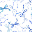 © lunata - Hand drawn watercolor blue bows and ribbons. Seamless pattern. Valentines design for romantic invitations design, coquette core, girls decor