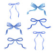 © lunata - Hand drawn watercolor blue bows and ribbons. Valentines design for romantic invitations design, coquette core, girls decor