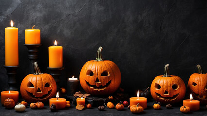 Happy halloween banner template. Flat lay composition with pumpkin and candles on black background.