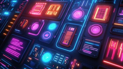 Futuristic screen and Dynamic collection of neon buttons, AI generated images