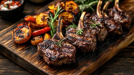 Sticker - A close-up of grilled lamb cutlets with a crispy charred crust, served on a rustic wooden board with roasted vegetables and a rosemary garnish