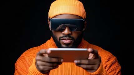 Stylish Gamer:  A captivating portrait of a young Black man engrossed in a mobile game, showcasing vibrant fashion and futuristic tech. 