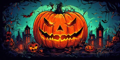 Poster - A large pumpkin with a scary face is surrounded by smaller pumpkins