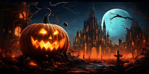Poster - A Halloween themed poster with a pumpkin and a moon in the background