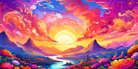 Poster - A colorful sky with a sun and mountains in the background
