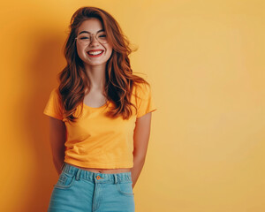 Joyful Young Woman Smiling in Casual Attire Against Vibrant Yellow Background