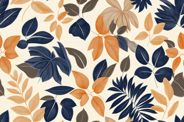 Seamless elegant tropical monstera leaf pattern in navy blue and orange