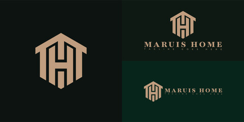 Wall Mural - modern hexagon initial vector letter mh or hm logo in gold color isolated on multiple background col