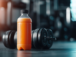 Refreshing Energy Drink Next to Weights for Optimal Workout Performance