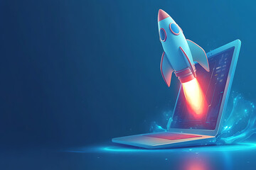 Poster - A rocket launches from a laptop, symbolizing innovation and technology advancement.