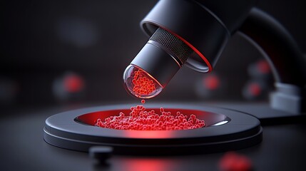 Microscope Lens and Red Particles: A close-up view of a microscope lens positioned over a petri dish filled with glowing red particles.