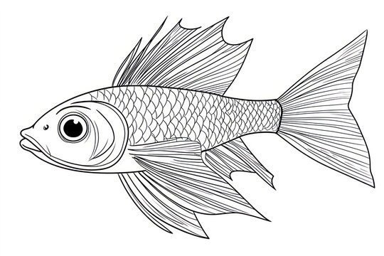 Flying fish, coloring page for kids, line art, black and white.