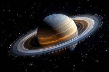 Wall Mural - hyperrealistic render of saturn with its iconic rings floating in the vast darkness of space intrica