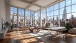 © Elshad Karimov - Elegant workspace featuring wooden floors, expansive windows offering stunning cityscape views, rendered in three dimensions.