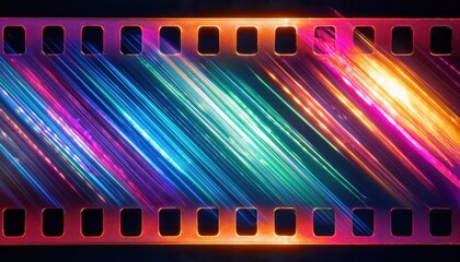 Poster - Vibrant Neon Colored Film Strip Close-Up with Abstract Gradient Light Reflections in Blue, Pink, and Orange Hues. Conceptual Cinematic Photography Background