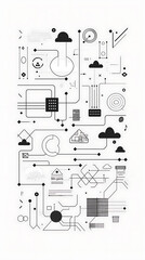 cloud computing illustration, design a stylish black-and-white illustration of cloud computing and b