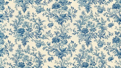 french toile inspired blue pattern on light beige background seamless pattern extreme close-up