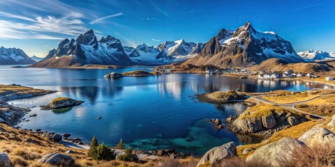 Canvas Print - Norwegian landscape with sea and snowy mountains in background Lofoten sunny weather blue sky