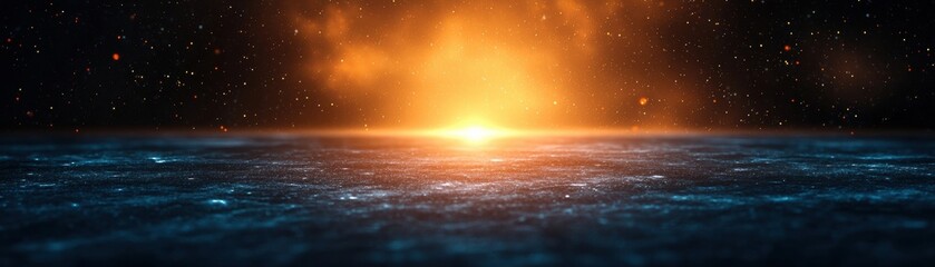 Wall Mural - Stunning cosmic landscape featuring a vibrant orange glow rising above an ethereal horizon, surrounded by sparkling stars and cosmic dust.