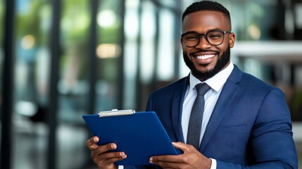 Confident Businessman Portrait: A successful African American businessman smiles confidently while holding a clipboard, exuding professionalism and success in a modern office setting.