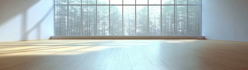 Poster - Bright and spacious empty room with large windows, offering a serene view of a forest, perfect for minimalist design and modern living.