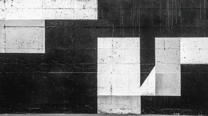 Poster - Abstract black and white geometric mural featuring bold shapes and textures, perfect for modern art and design projects.