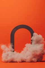 Poster - A minimalist design featuring a black arch surrounded by soft, white clouds against a vibrant orange background, creating a striking visual contrast.