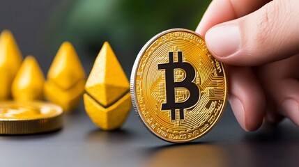 Bitcoin Coin in Hand: A hand carefully picks up a gleaming Bitcoin coin, symbolizing digital currency, cryptocurrency, blockchain technology, and financial innovation.