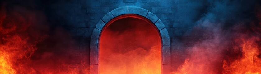 Poster - A dramatic entrance framed by fiery flames and dark smoke, creating a captivating atmosphere filled with mystery and intensity.