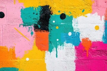 Poster - Colorful abstract mural design featuring bright splashes of paint on a textured wall, creating a vibrant visual energy and artistic expression.