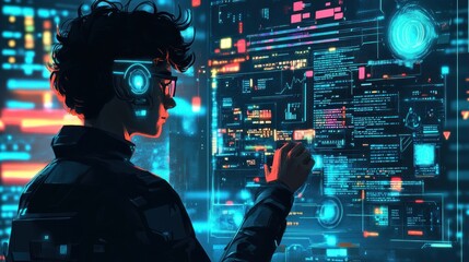 A young programmer in a futuristic setting works on a digital screen, surrounded by a vibrant cityscape.
