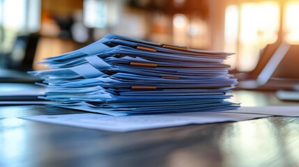 Poster - A cluttered stack of paperwork on a wooden desk, highlighting the challenges of organization in a busy office environment.