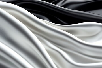 Poster - Luxurious satin fabric in flowing waves, showcasing a blend of black and white colors. Perfect for fashion and interior design inspiration.