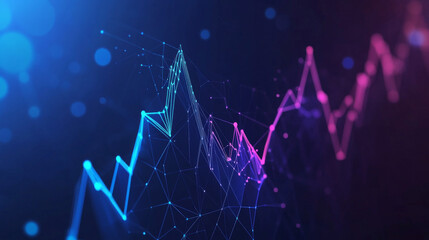 Poster - A glowing graph showing economic growth and stock market trends against a dark blue background. This modern design uses abstract shapes and looks futuristic.low poly wireframe.